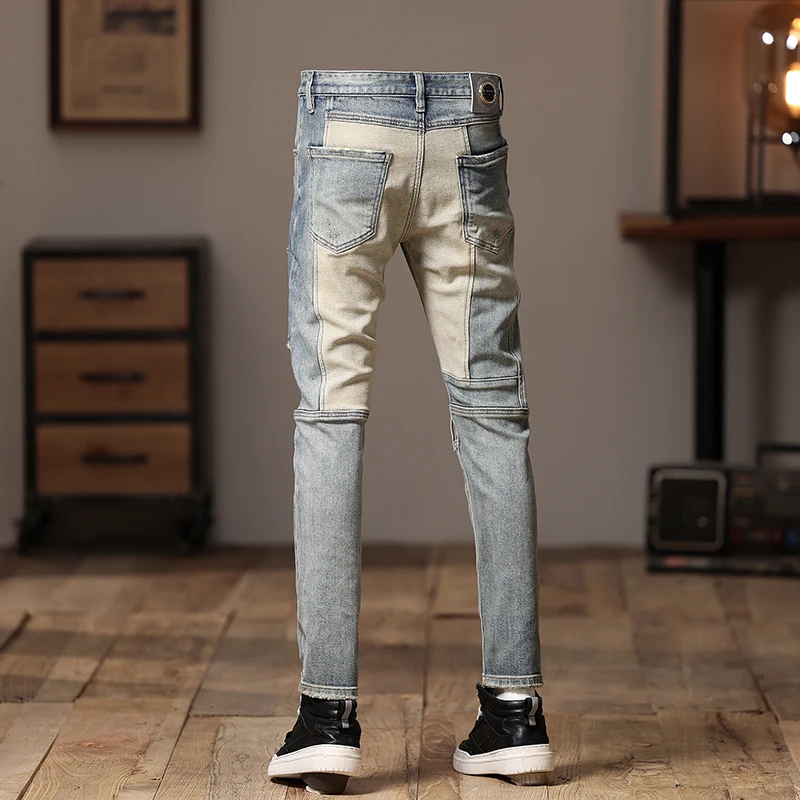 Stitching Motorcycle Jeans Men's Retro Street Distressed Scratch Design Trendy Casual Skinny Fashion Pants