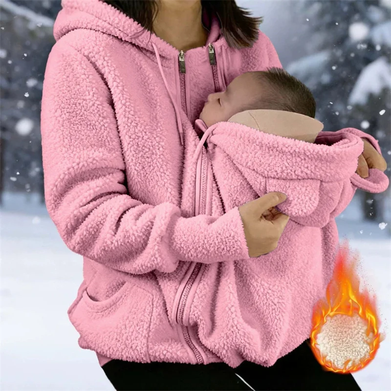 Maternity Fleece Hoodies Women Kangaroo Design Big Pockets Jackets For Pregnant Baby Wearing Mother Warm Winter Plush Clothes