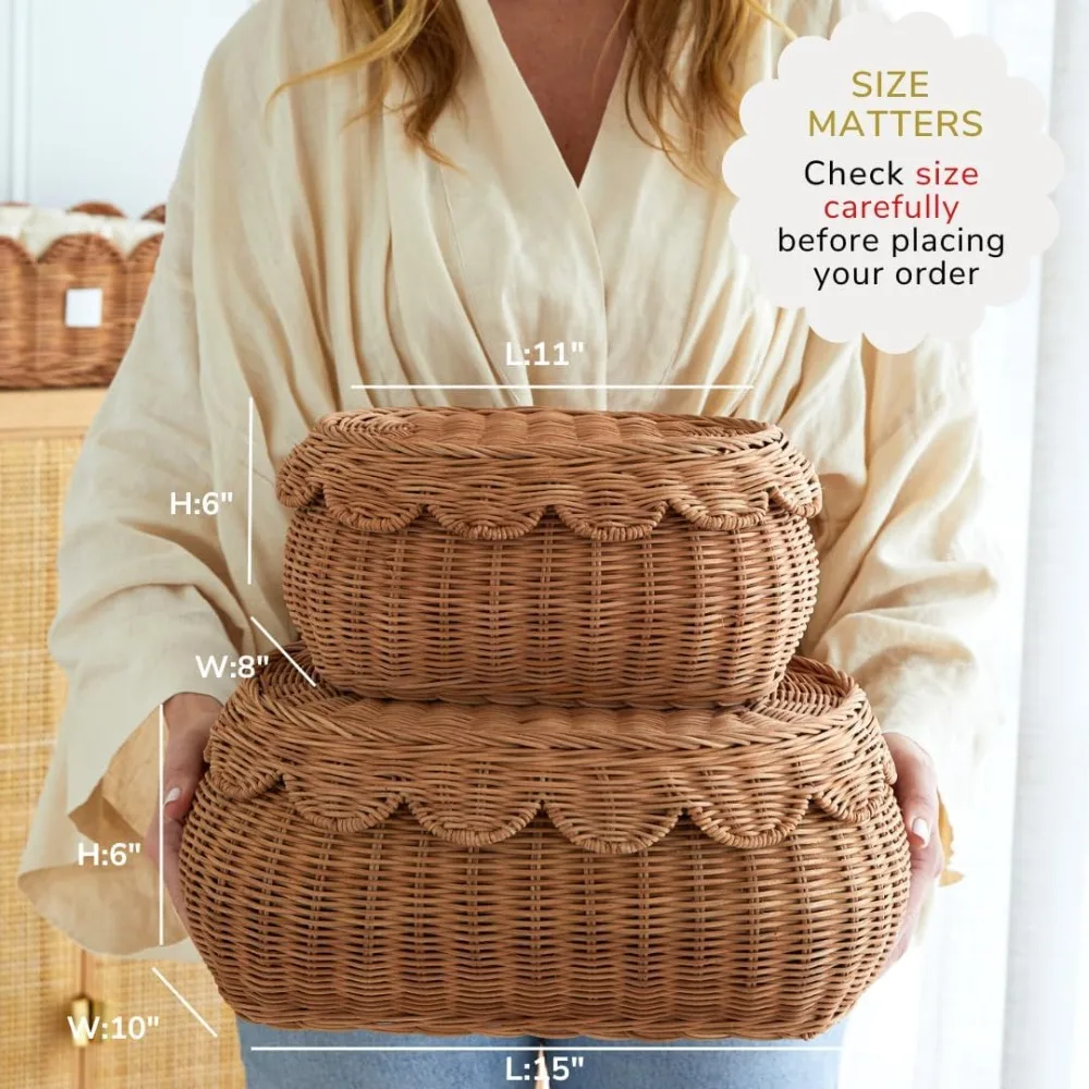 مجموعة السلة الصدفية الأصلية مكونة من 2 سلة صغيرة صغيرة مقاس 15 × 10 × 6 بوصة منسوجة يدويًا وحائزة على الجائزة جديدة #4