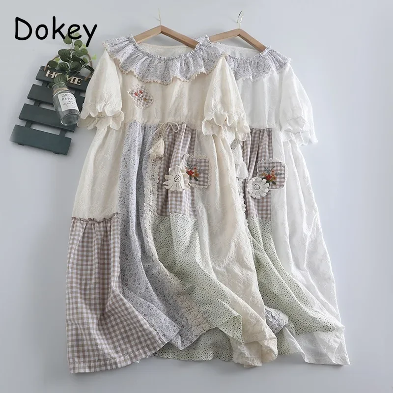 

Japanese Mori Girl Patchwork Cotton Linen Dress Women Sweet Vintage Plaid Lace-up Loose Sundress Casual Ruffled Pullover Dresses