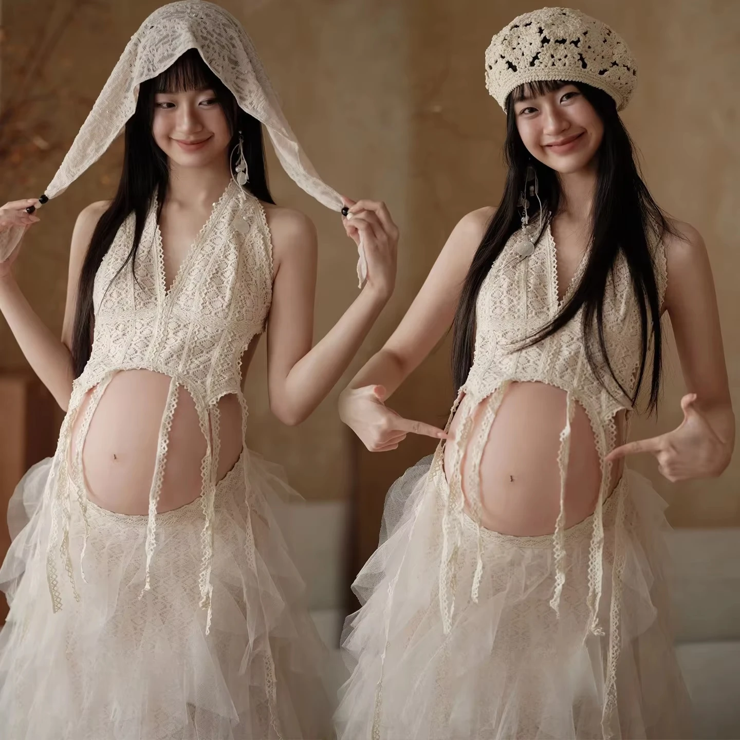 Women Photography Clothing Lace V-neck Top with Skirt 2pcs Maternity Dresses Sleeveless Pregnancy Dress Studio Photoshoot Props