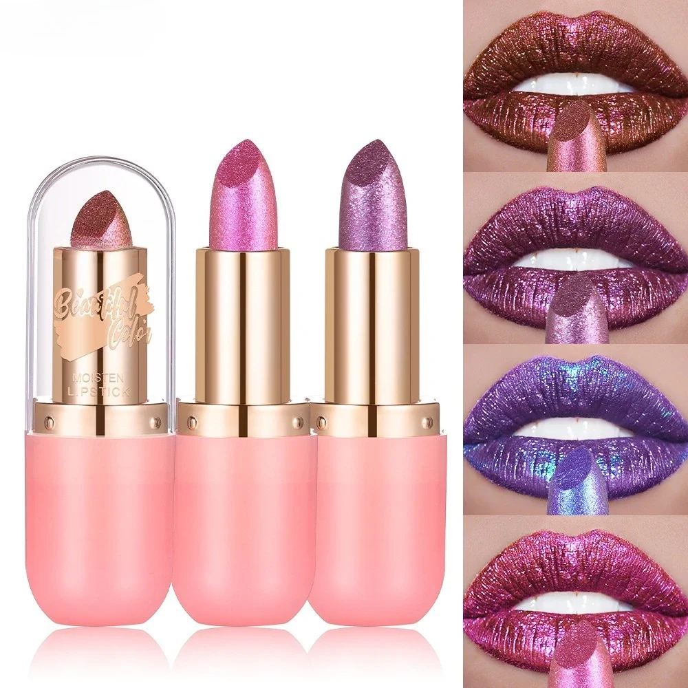 Changing Matte Glitter Diamond Lipstick Metallic Violet Chameleon Lipstick Color Waterproof Pearl Shine Lip Gloss Sexy Makeup