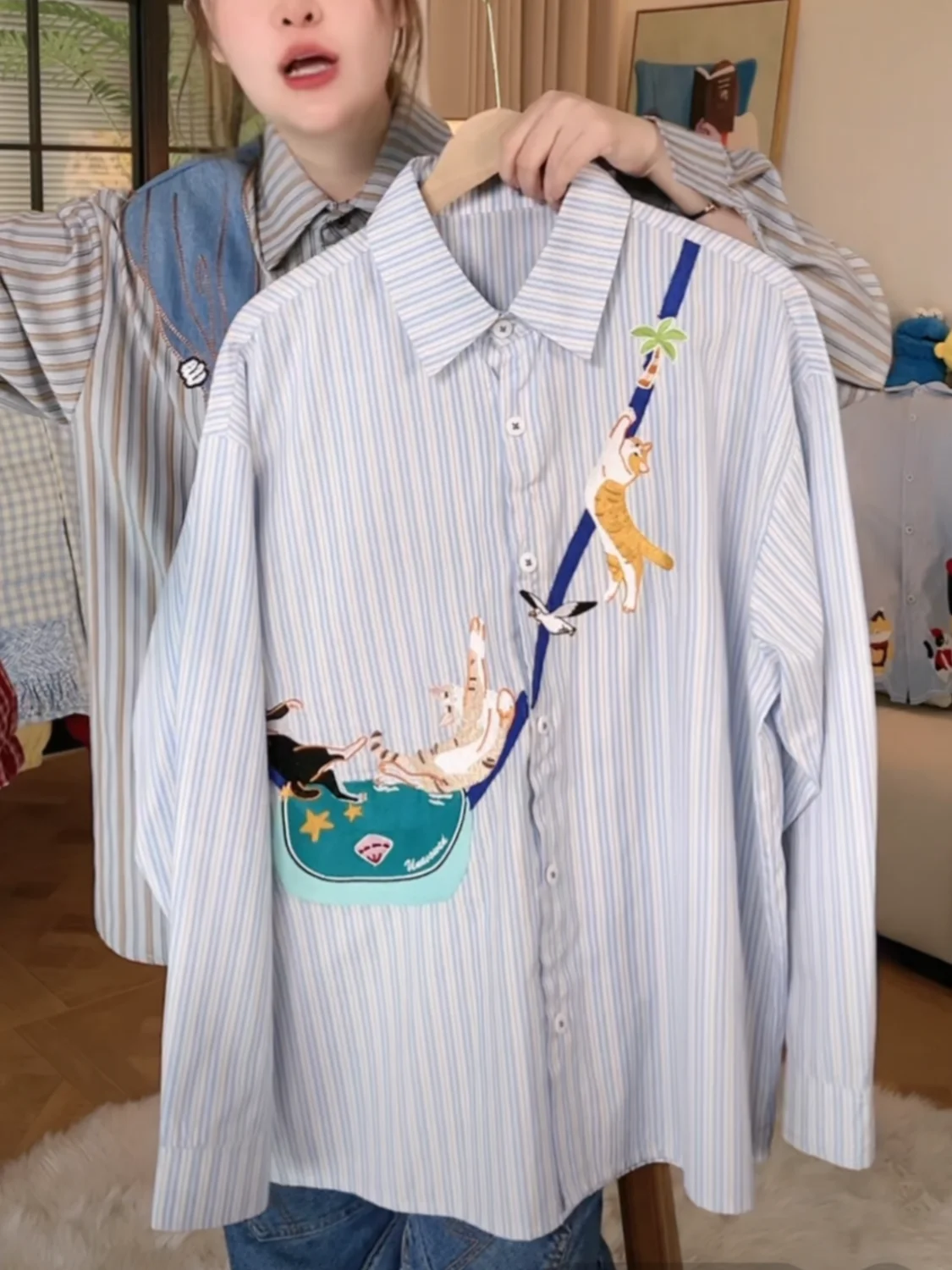 Vintage chat broderie coupe ample Blouse femmes printemps été décontracté à manches longues chemise personnalisée frais rayé Art petit haut