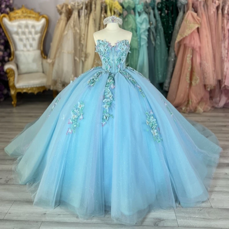 

Blue Shiny Quinceanera Dresses Off The Shoulder Flower Beading Crystal Bow Tull Party Birthday Sweet 16 Dress Vestidos 15 De