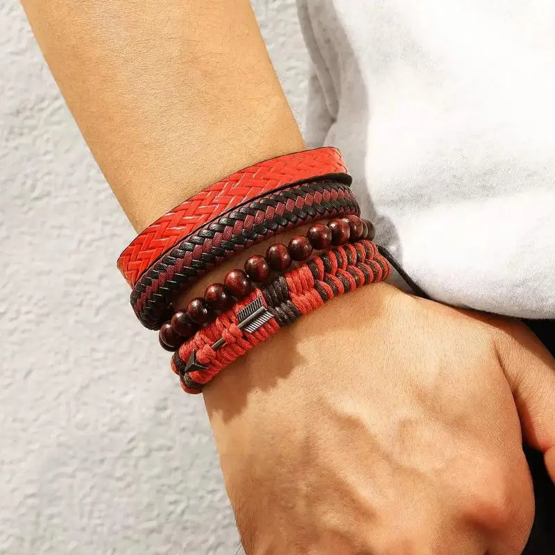 4Pcs/Set Fashion Vintage Men's Leather Bracelet Cupid's Arrow Wooden Beaded Leather Hand Woven Retro Fashion Bracelets For Men