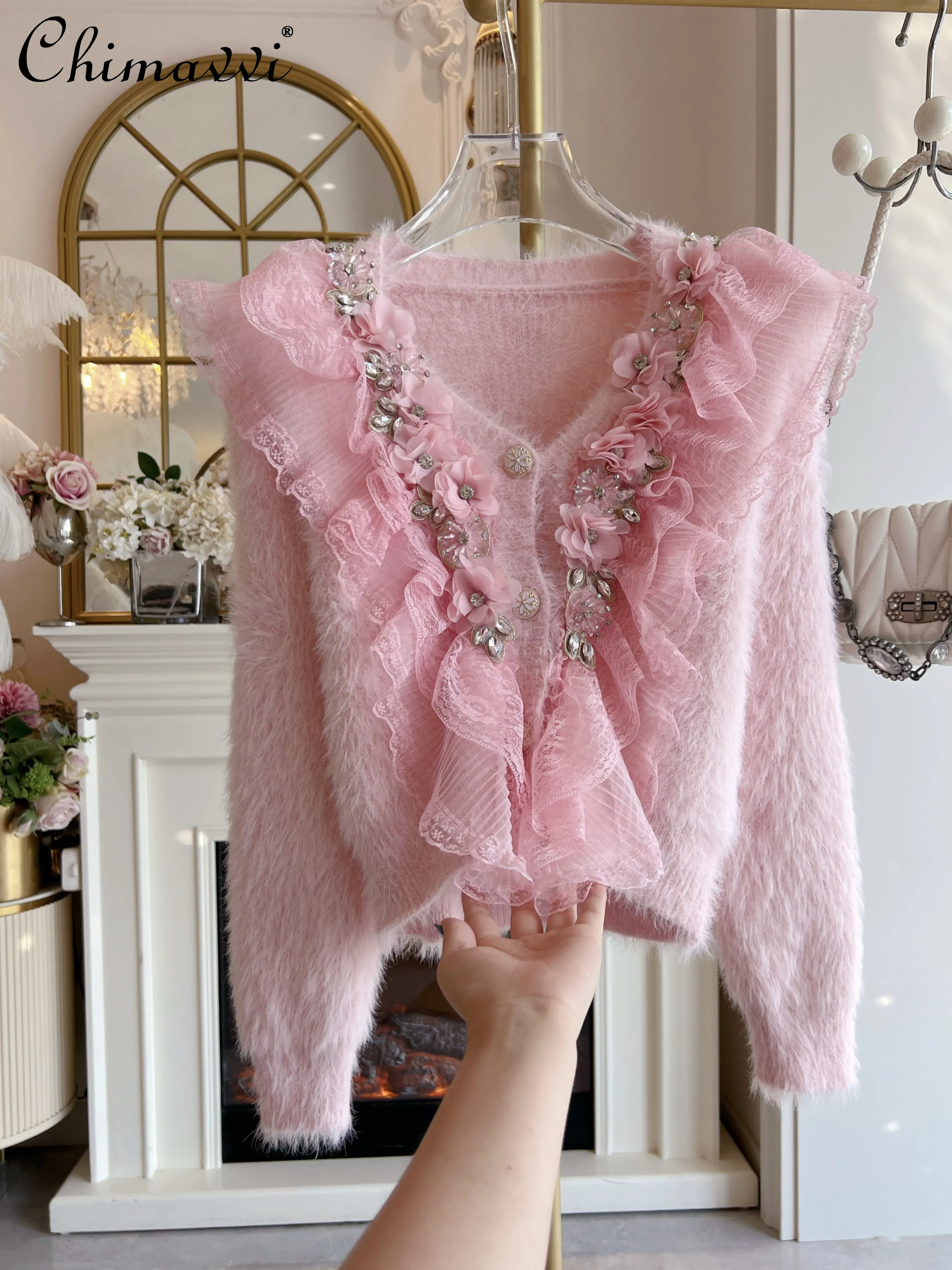 

Autumn Winter Fashion V-Neck Rhinestone Ruffle Sweater Coat Sweet Girl Mink Velvet Loose Long Sleeve Knitted Sweater for Women