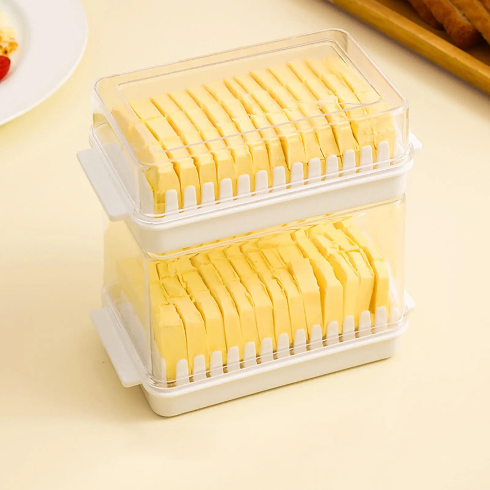 Plastic Butter Container with Lid Rectangle Cheese Holder Neat Non Slip Plate Multipurpose Organizer for Pantry and Tabletop