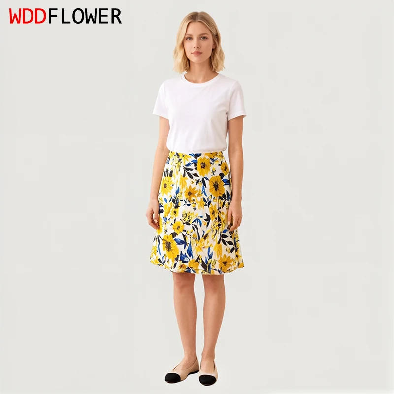 100% Mulberry Silk Charmeuse Silk Sexy Women Short Skirt Big Yellow Floral Printed Mini Pencil Skirt Bodycon Skirt M1637