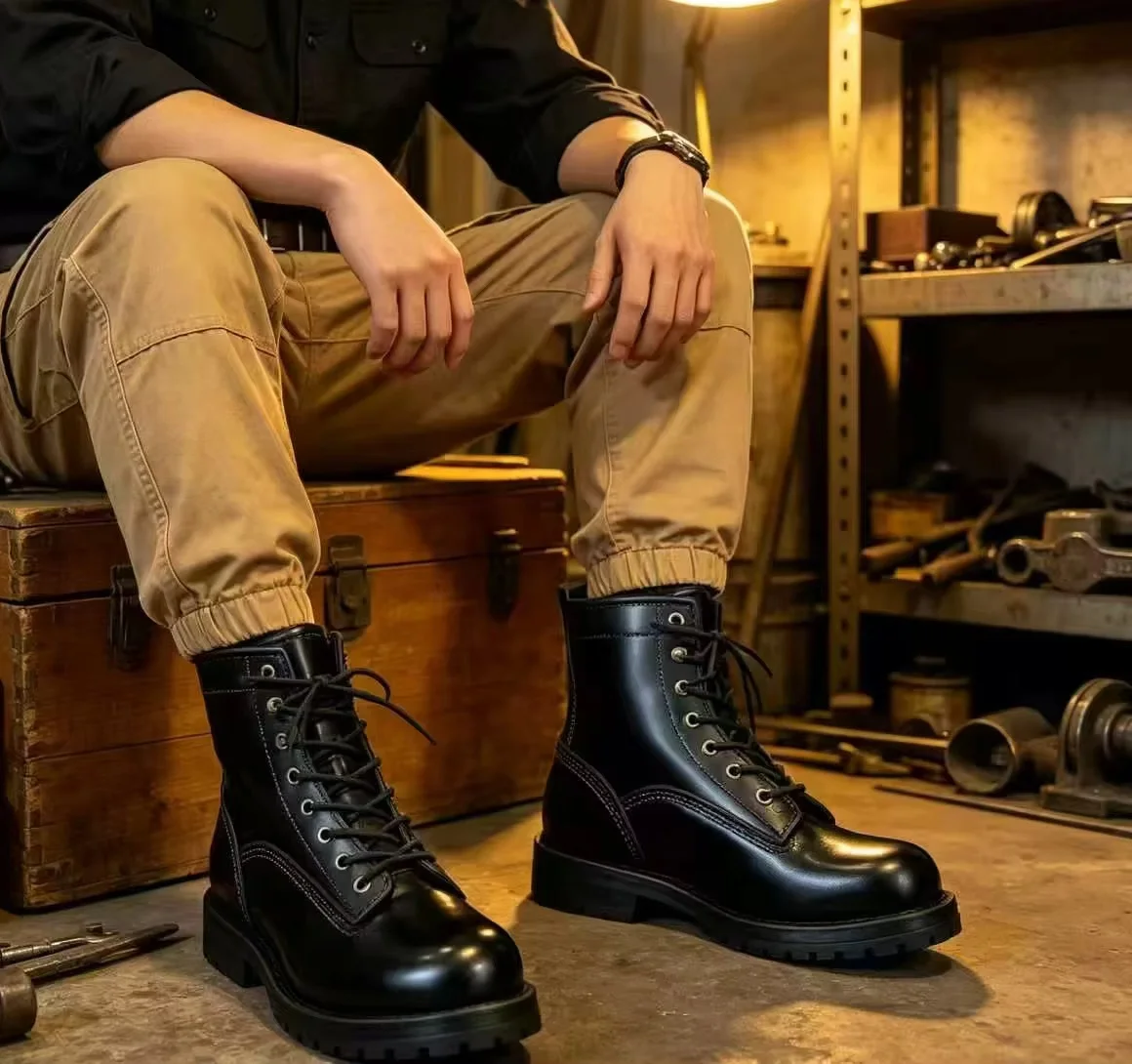 UU199 Retro Suede Leather Men Work Boots Brown High Top Lace Up Hand Stitched Thick Sole Biker Ankle Shoes Outdoor Casual