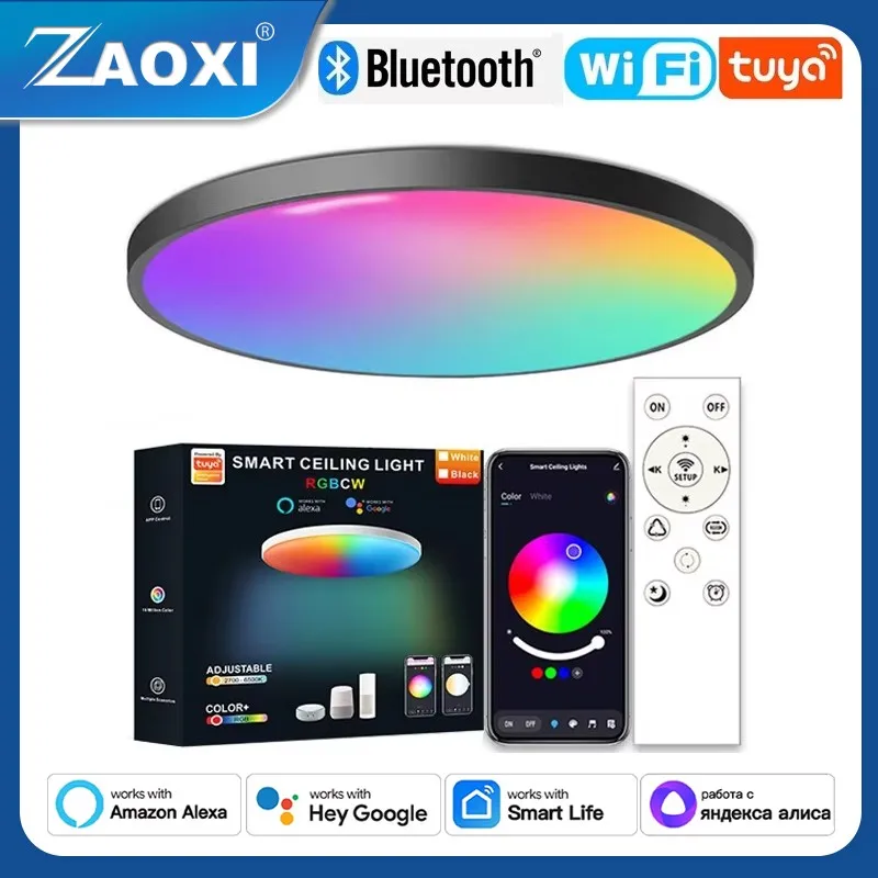 ZAOXI 36V Smart Ceiling Light Graffiti Bluetooth RGBCW Google Home Alexa Voice Assistant APP Remote Control LED Ceiling Lamp