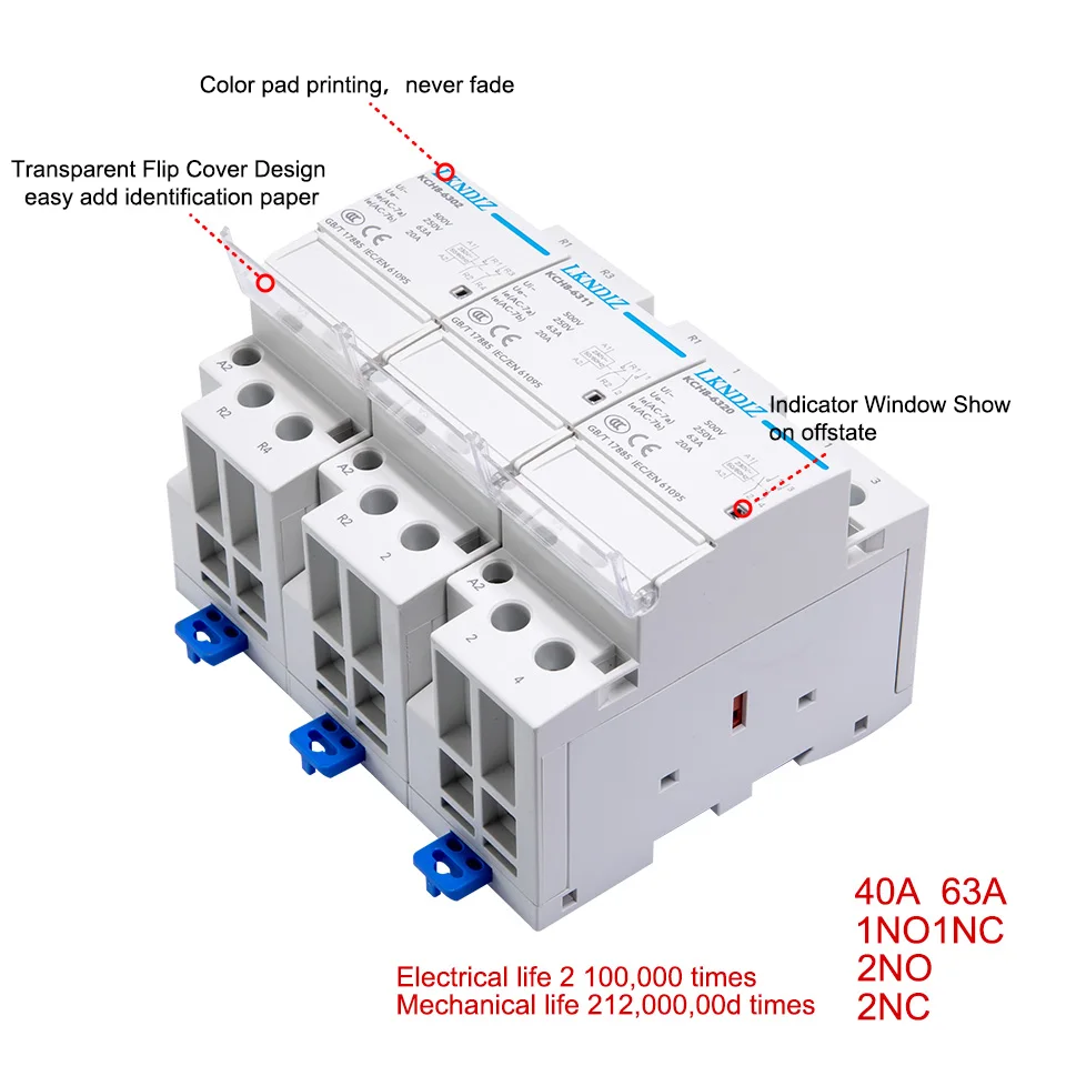 Contator do agregado familiar montado trilho do ruído, modular para a casa esperta, casa, hotel, CA 220V, 2P, 40A, 63A, 2NC, 2NO, LKNDIZ