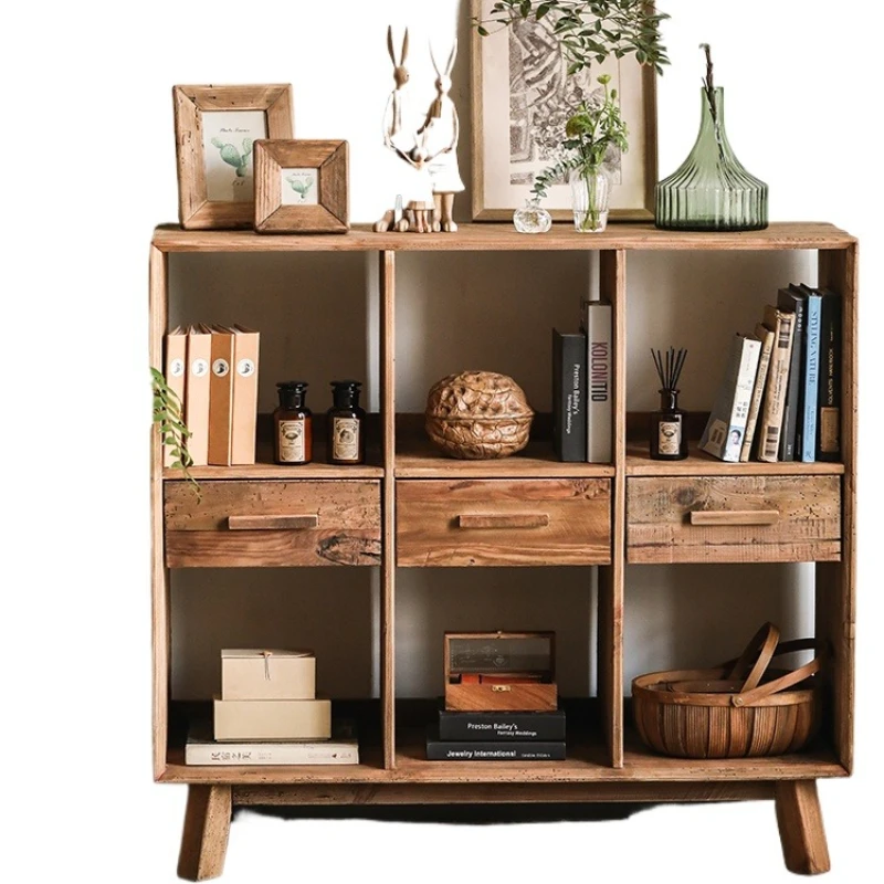 Log literary and artistic six-grid three-bucket entrance cabinet, old pine American retro solid wood wall cabinet
