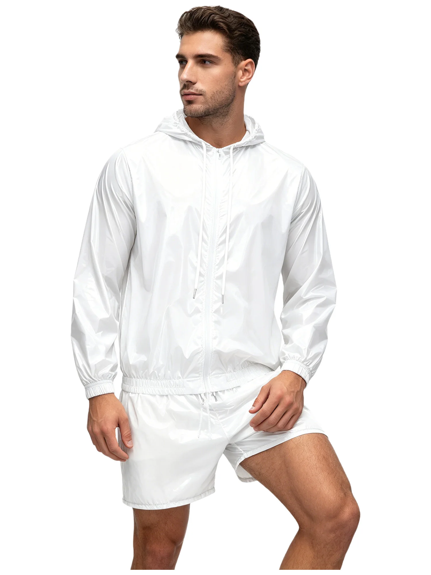 

Men Waterproof Sportswear Long Sleeve Front Zip-up Hooded Jacket Windbreaker and Boxer Shorts Sweat Outfit for Swimming Workout