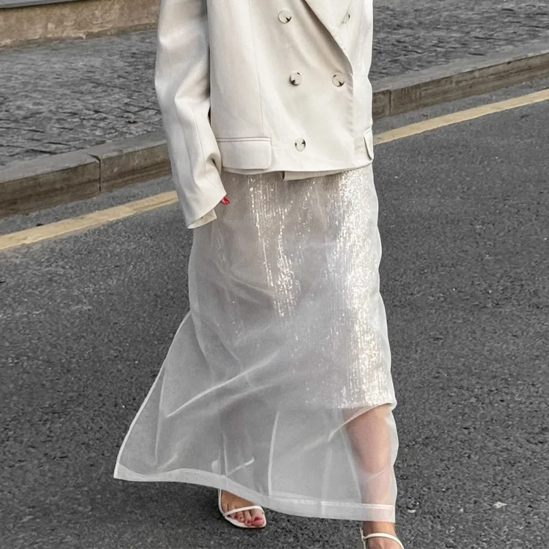 

Pop White Mesh High Waist Skirt Women's Sexy See-through Loose Straight Slit Skirt Elegant Solid Retro Patchwork Party Skirt