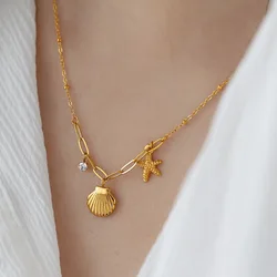 Stainless Steel Sea Star Shell Pendant Necklace For Women Girls Gold Color Luxury Vacation Choker Chain Wedding Jewelry Gifts