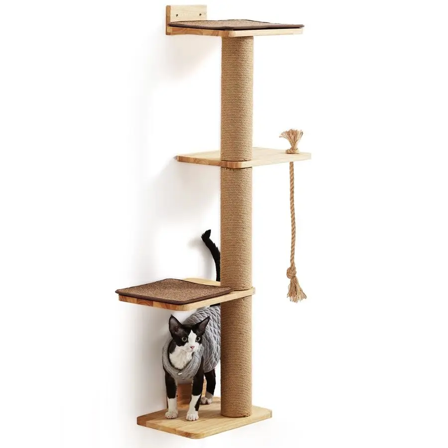 

Cat Scratching Activity Tree Wall Mounted, 50 Inch Cats Scratch Post, with Kitten Bed, Rubber Wood Scratcher Posts, Large