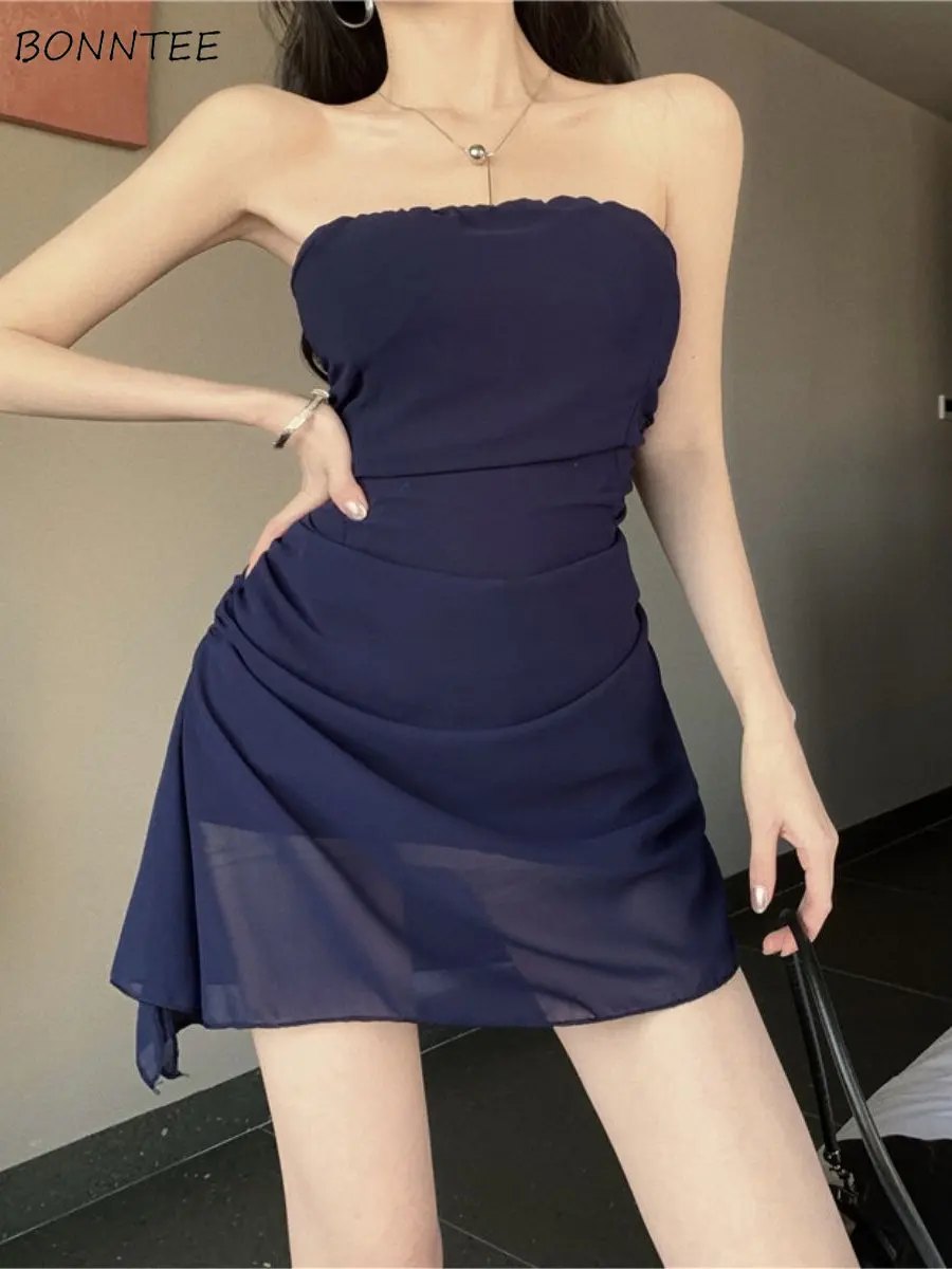 

Blue Mini Dress Women Summer Thin Strapless Sexy Club Wear Chic Slim Irregular Designed Folds Edgy Vestido Hotsweet Trendy