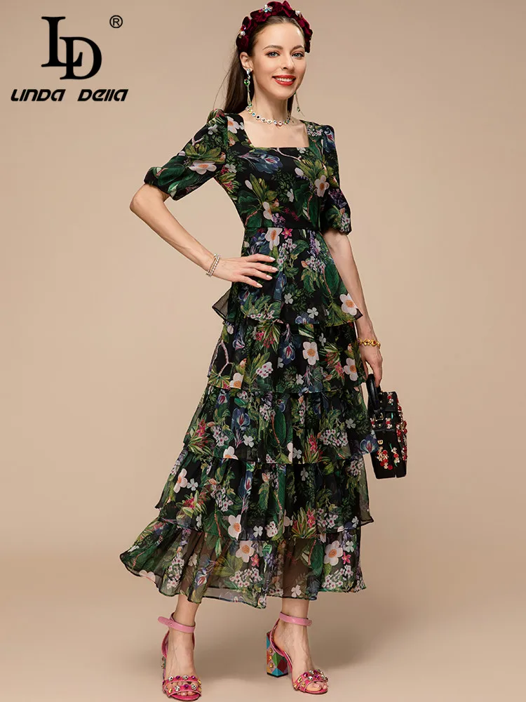 Imagem -04 - Linda Della Novo 2023 Verão Moda Feminina Vintage Gola Quadrada Vestido Longo Cintura Alta Floral Impressão em Cascata Plissado Vestido ld