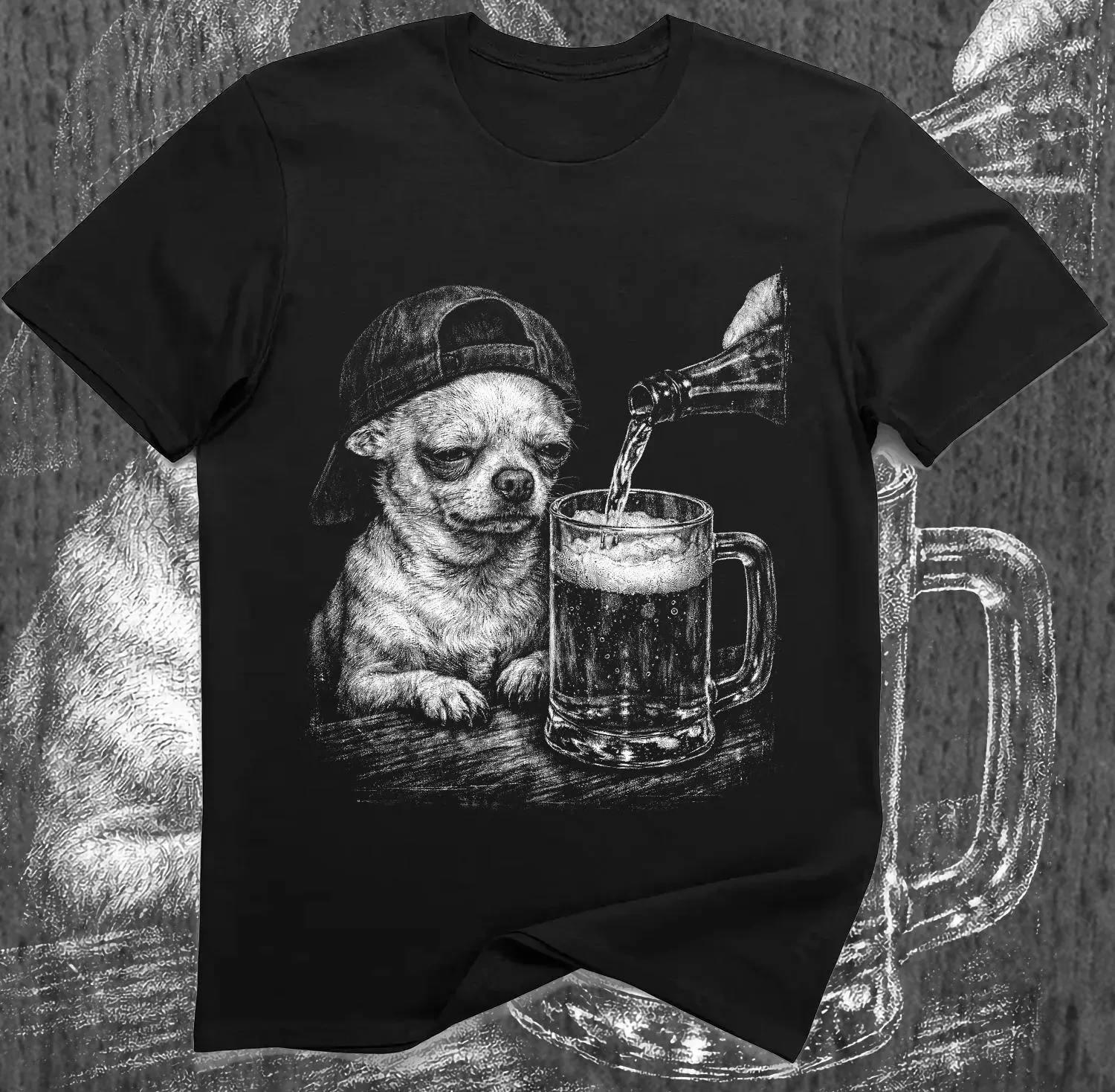 Tired Chihuahua Drinking Beer Funny Meme Shirt, Sad Stressed Dog Party Humor Graphic Tee Four season popular unisex T-shirt