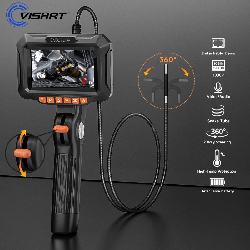 

2-Way 180° Steering Articulation Endoscope Camera 6.2/8.5mm Camera 1080P HD 4.3'' IPS Screen Battery Detachable Borescope Camera