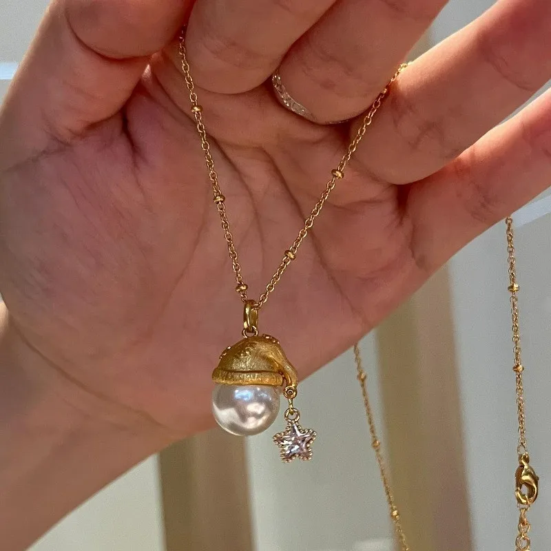 Cute Santa Hat Star Shape Pearl Zircon Diamonds Pendant Necklace Woman Trendy Choker Chic Birthday Christmas Gifts French Style