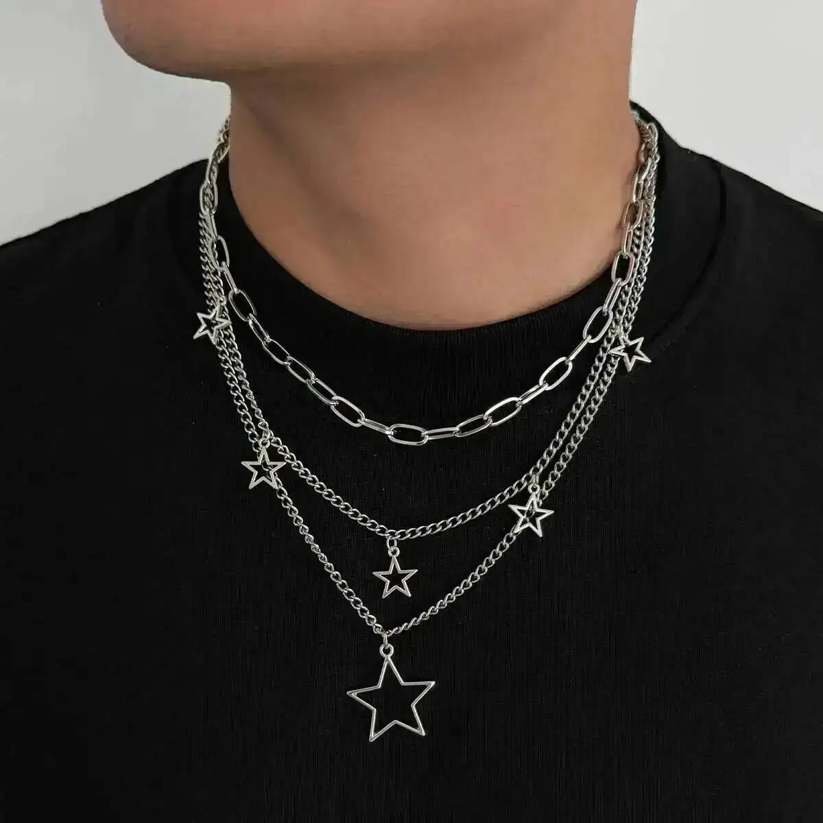 

KunJoe 3Pcs/Set Retro Pentagram Cross Pendant Necklace for Men Hip Hop Multi Layer Stackable Choker Necklace Punk Jewelry Gift