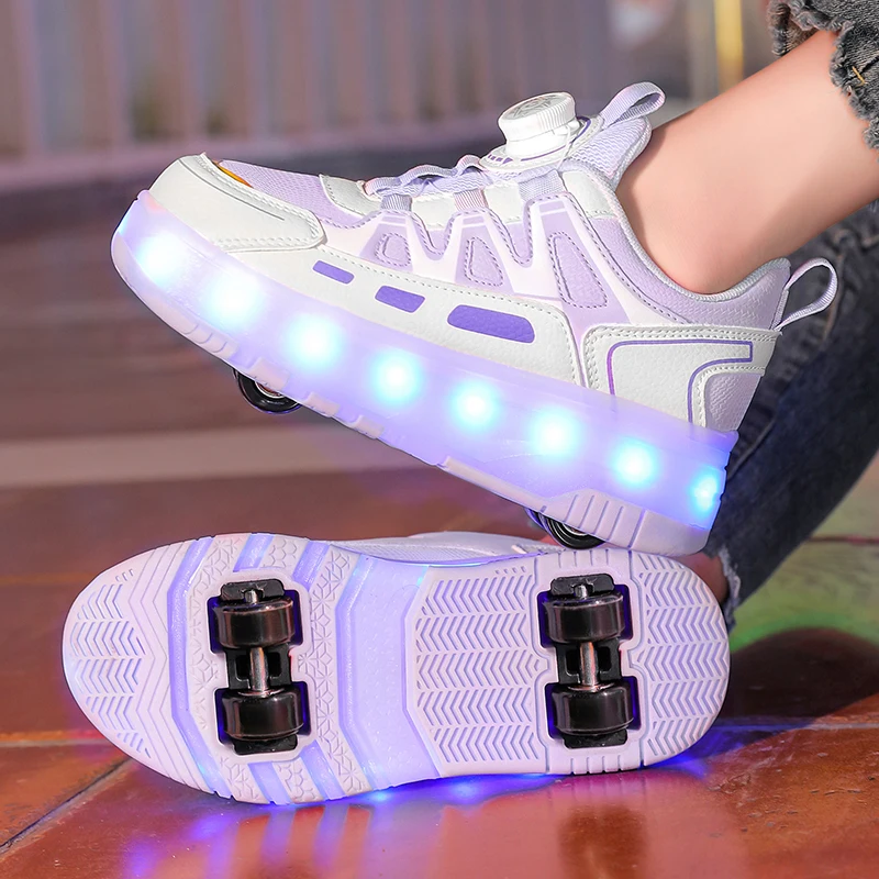 

Boys Girls Roller Skates Shoes Pink Blue Four Wheels Luminous Glowing Sneakers Kids Outdoor Sport LED Light USB Children New