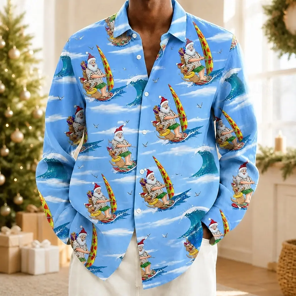 Surfing Santa Ocean Wave Print Shirt Tropical Christmas Party Funny 3D All Over Print Men Long Sleeve Shirt