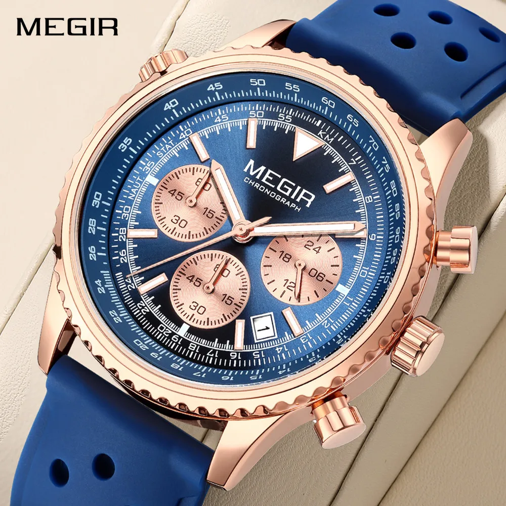 

MEGIR Big Dial Watches for Men Silicone Strap Quartz Military Wristwatches Waterproof Sport Chronograph Date Clock 24-hour 2236