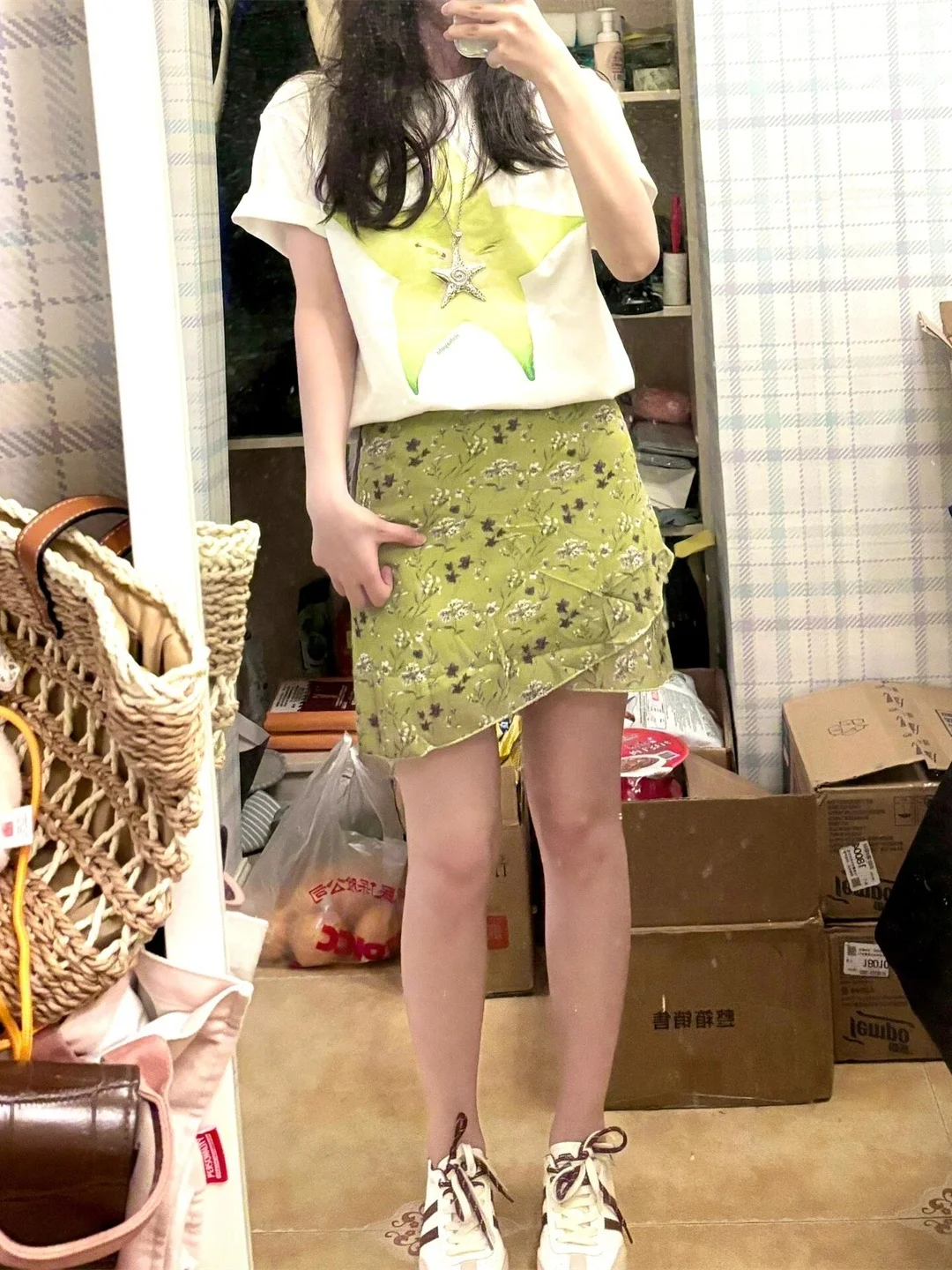 

Fashionable Green Floral Print Half-length Skirt Women's plus Size Summer New Style Quilted A-line Skirt Breathable Skin-frie...