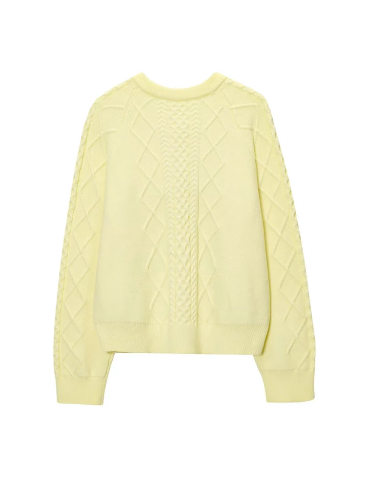 Kardigan Rajut Kabel Warna Kuning Muda untuk Wanita, Sweater Lengan Panjang Kancing Depan, Atasan Luaran Wanita yang Chic