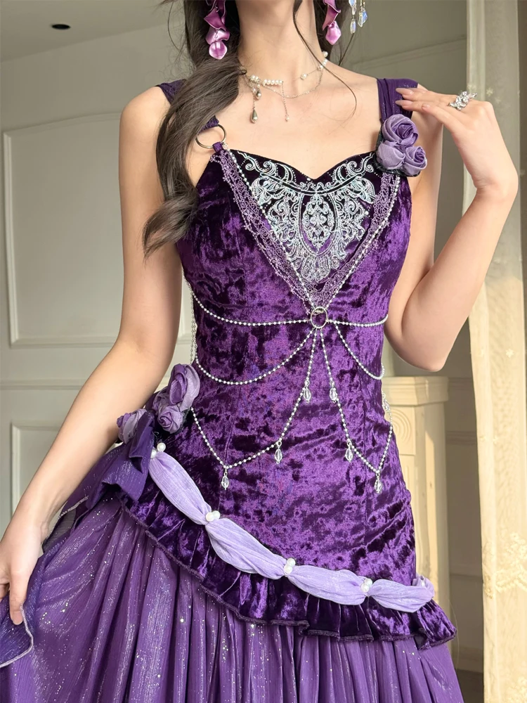 

V-neck Sleeveless Bead Chain High Waist A-line Lolita Sling Long Dress Women Elegant Gorgeous Velvet Princess Fishtail Dress2025