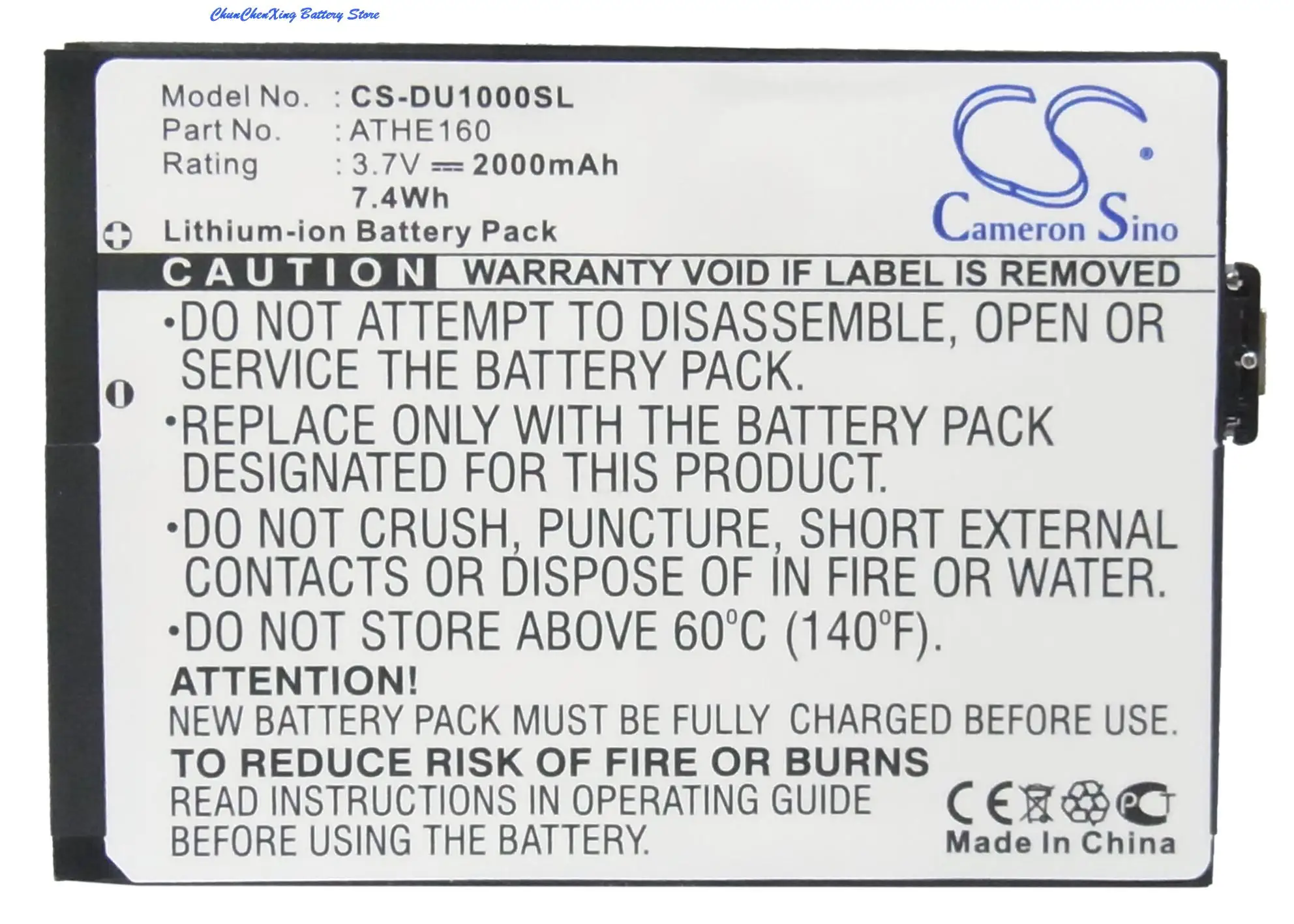 Cameron Sino 2000mAh Battery ATHE160 for HTC/DOPOD Athena 100,101,400,X7500,X7501,U1000, For O2 XDA Flint, For T-Mobile MDA Ameo