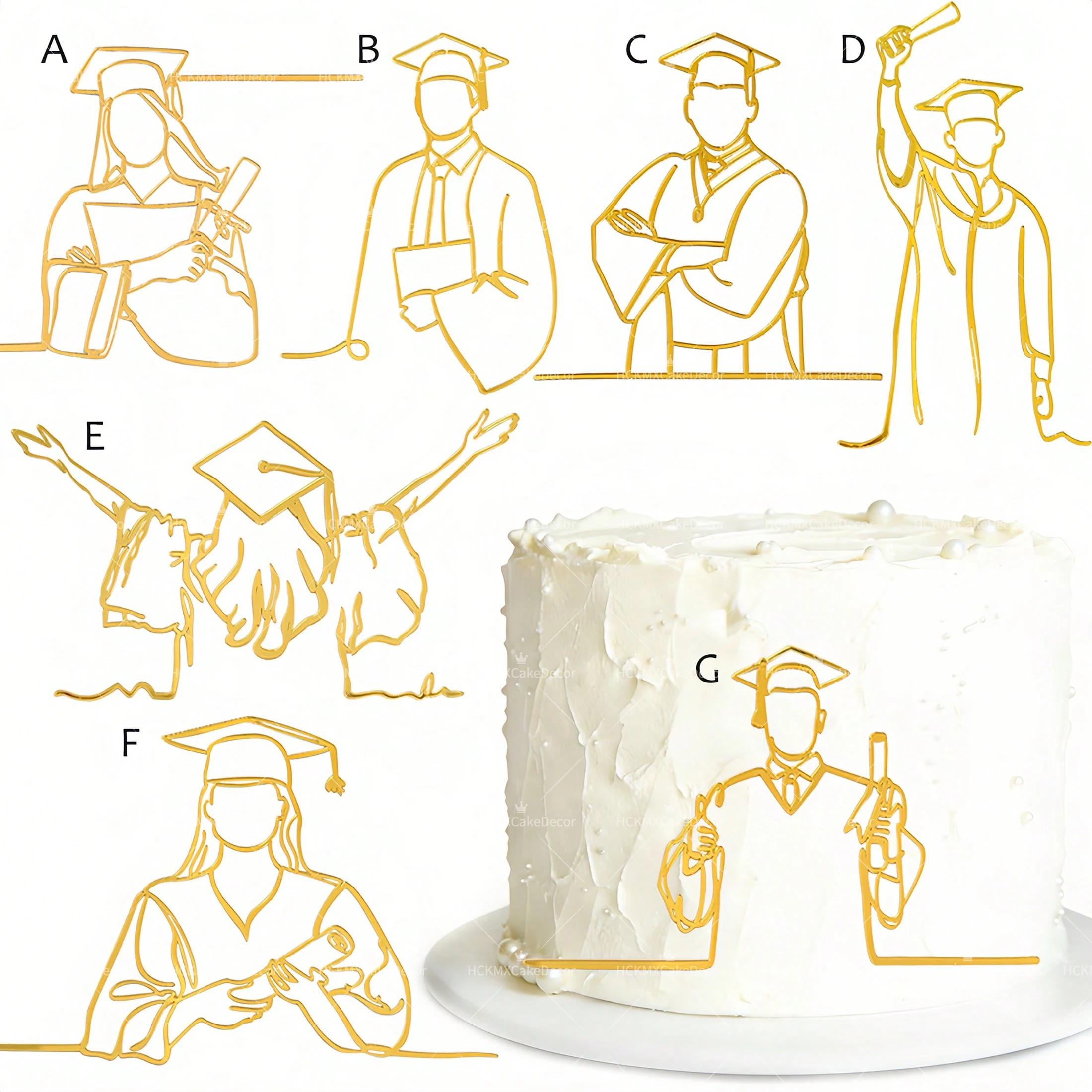 Topo de Bolo de Formatura em Acrílico Dourado: Arte Minimalista em Linha, Decoração de Bolo com Capelo e Diploma para Festa de Formatura 2025 - Parabéns, Formando!