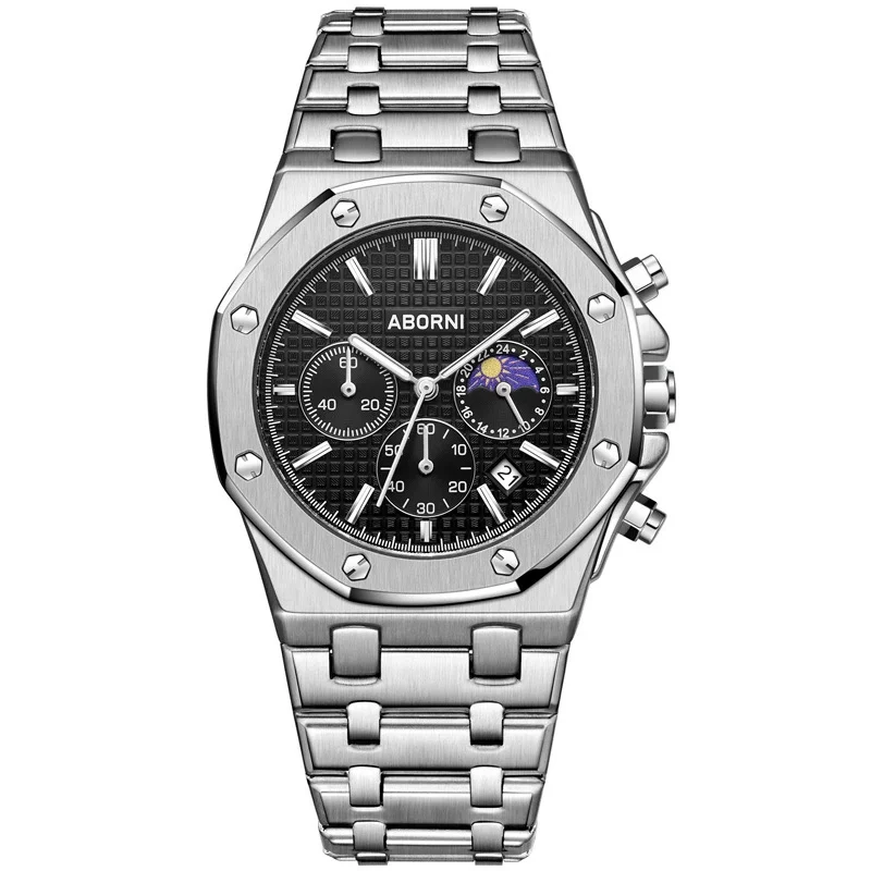 2025 ساعة رجالية جديدة من أفضل العلامات التجارية متعددة الوظائف مرحلة القمر الصلبة الفولاذ المقاوم للصدأ ساعة متعددة الوظائف ساعة رجالي