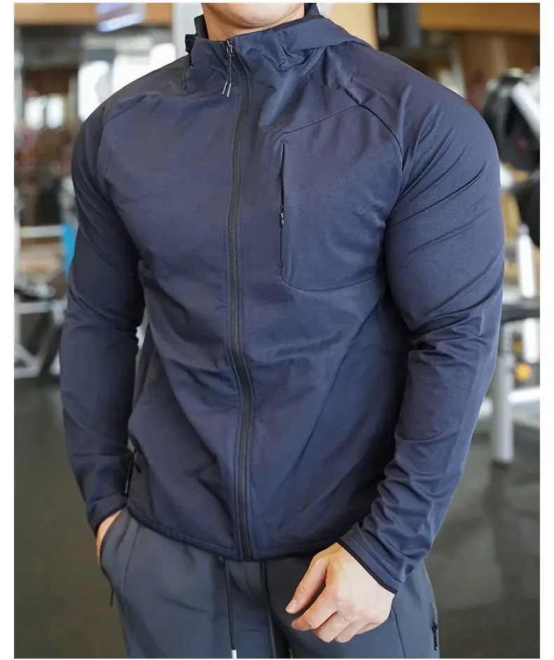 Hochwertiger Nylon-Sportmantel für Herren, Fitnessstudio, Fitness, Hoodies, Outdoor-Workout-Tops, Kapuzentraining, Laufen, Reißverschlussjacke, Kleidung – Detail 11
