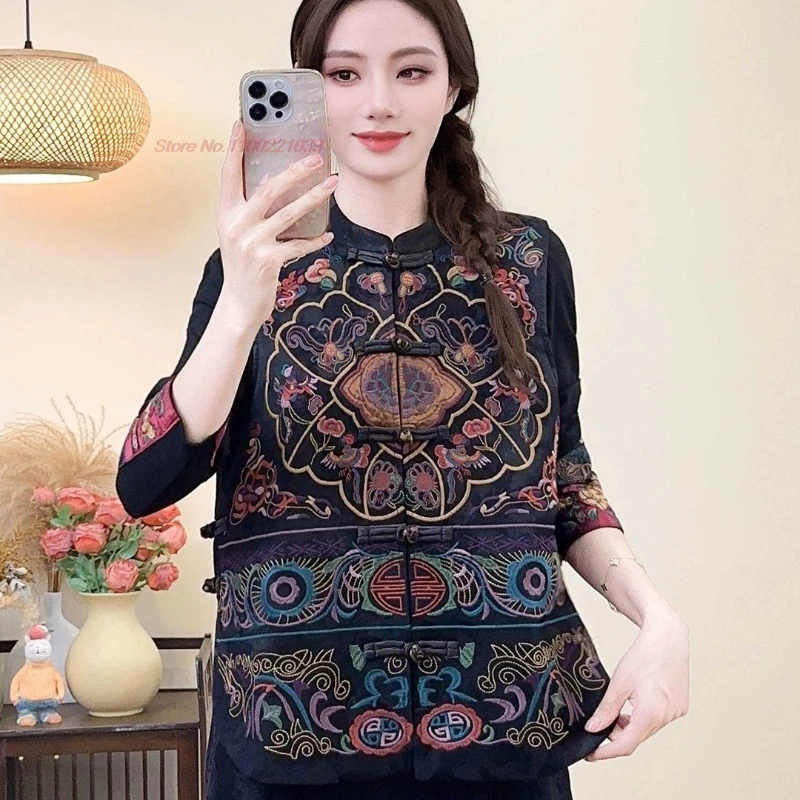 

2025 китайский винтажный жилет ханьфу, топы с цветочной вышивкой, атласный жаккардовый народный жилет, ретро жилет с воротником-стойкой, этническая куртка без рукавов