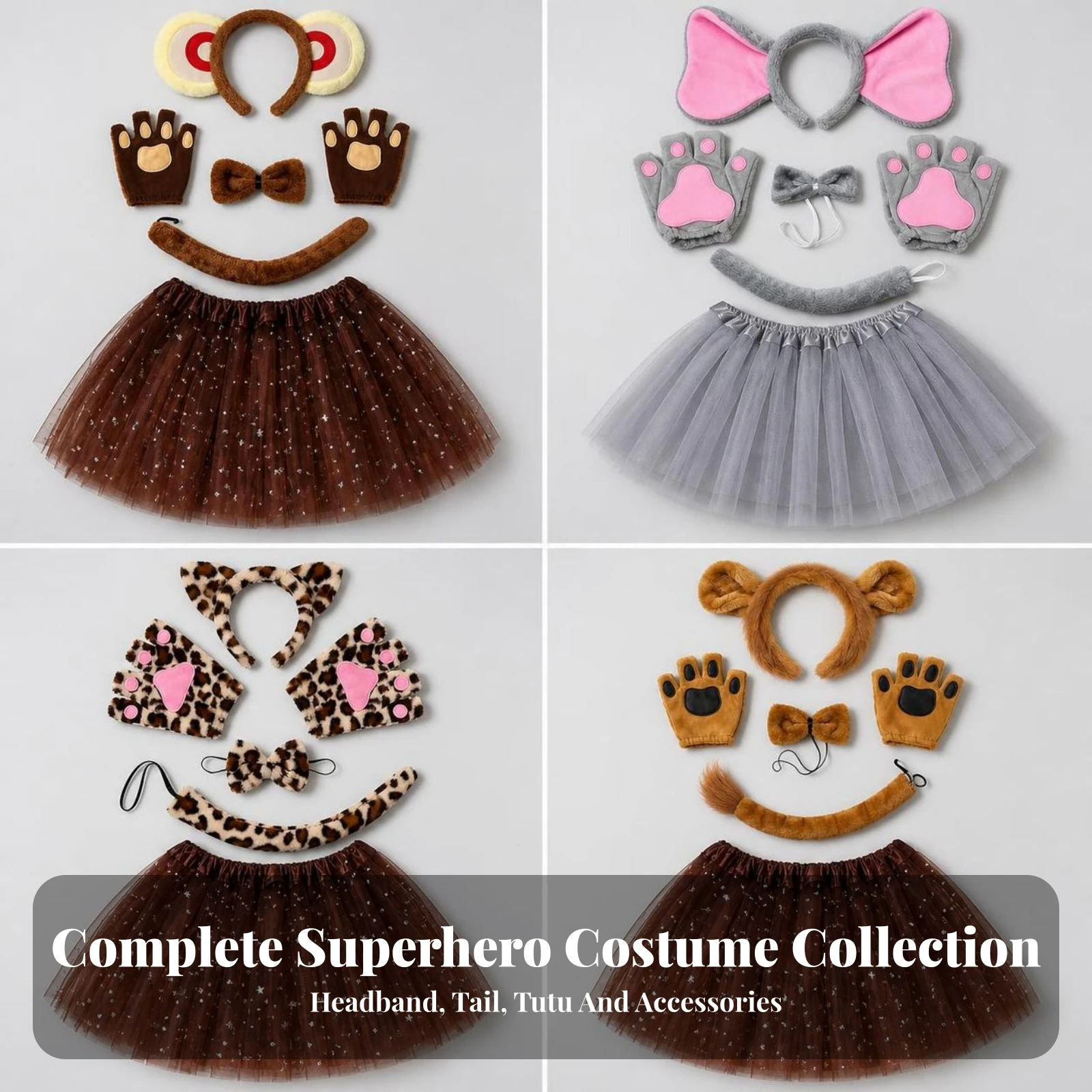 Animal Costume Set Fingerless Animal Dress-up Kit Costume Set with Headband Furry Soft for Children, Halloween, Cosplay
