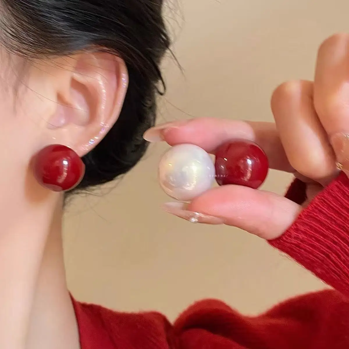 Boho Retro Big Round Ball Stud Earrings For Women Elegant Wine Red White Imitation Pearl Earring Party Daily Statement Jewelry
