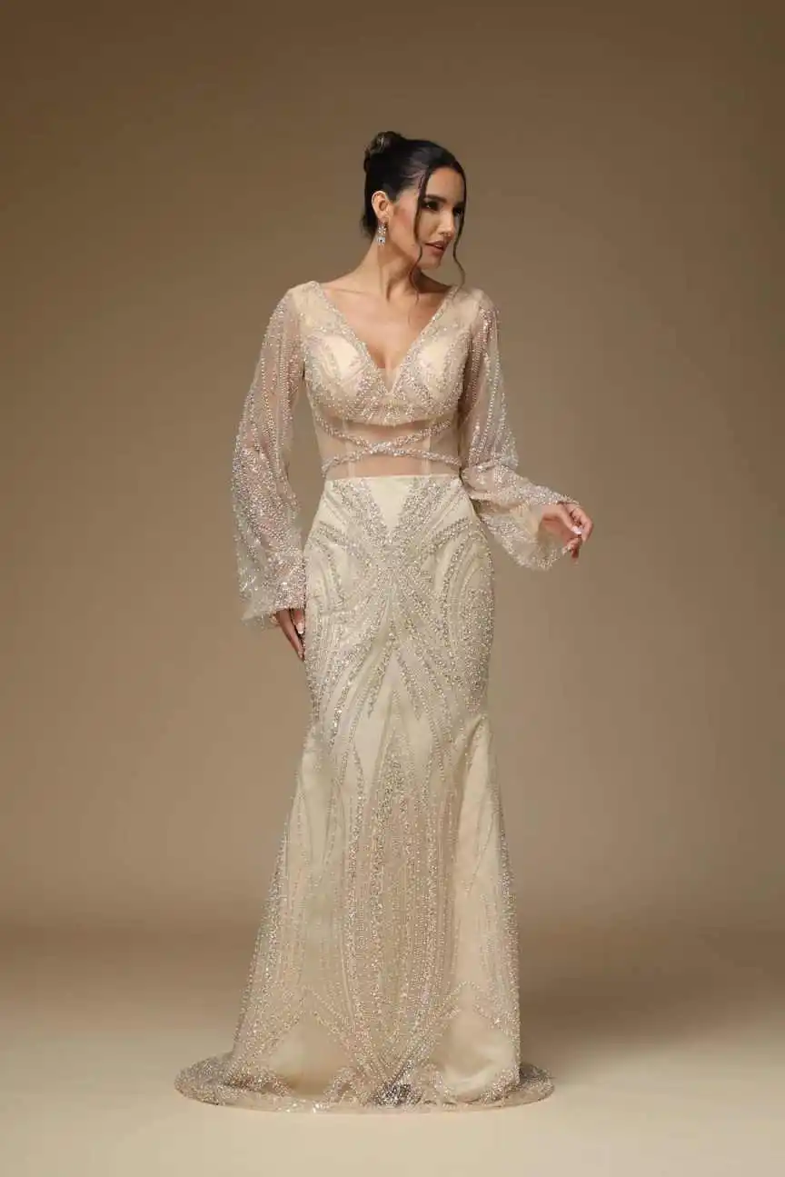 فساتين سهرة رائعة حورية البحر على شكل حرف v مطرز بالكريستال وأكمام طويلة فستان حفلات فستان الحفلات Fساتين Sherese مصنوع حسب الطلب