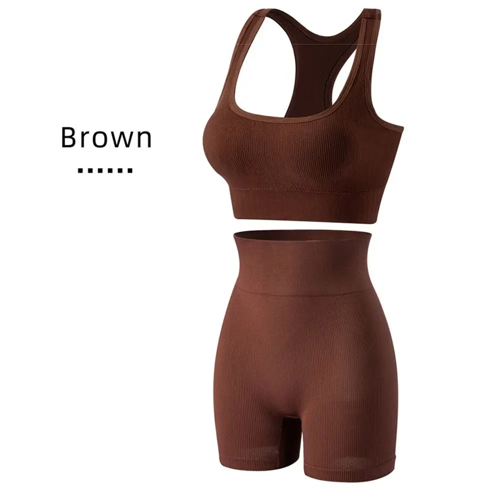 

Комплект из 2 предметов: бесшовный спортивный костюм с высокой талией, укороченный топ без рукавов с круглым вырезом и шорты в рубчик для йоги и бега