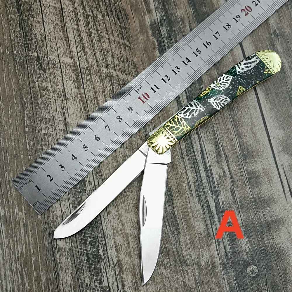 2024 New Folding Pocket Knife 440C Twin Blades Brass+resin Handle Outdoor Hunting Camping Fruit Knives Multi Tool Christmas Gift