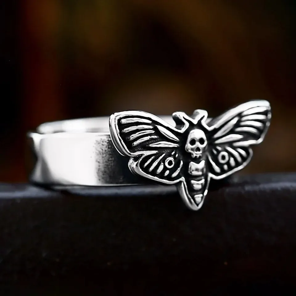 Gothic Vintage 316L Stainless Steel Skull Moth Rings Punk Biker Fashion Animal Ring For Woman Men Party Jewelry Couple Gifts