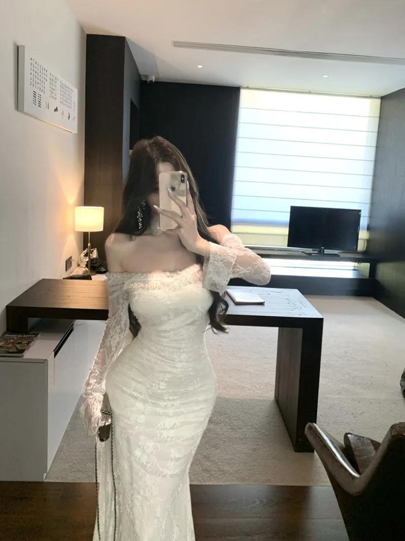 Ele Wit Kant Lange Sve Dr Dames Fi Staart Rok Lange Dr Zacht Meisje Sle Pendelen Sle Herfst Hoge Taille Sli...