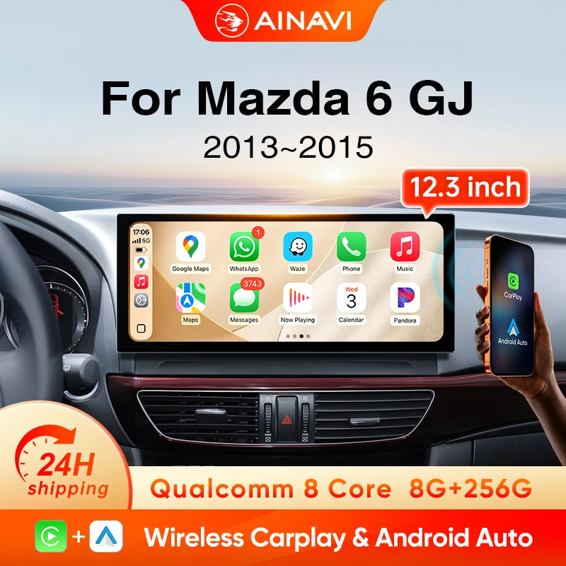 Autoradio Ainavi 12,3 pouces pour Mazda 6 série GJ Atenza 2013 2014 2015 2016, Carplay sans fil, Android Auto, 4G, multimédia automobile, écran 2K Ultra HD, écran multimédia automobile.