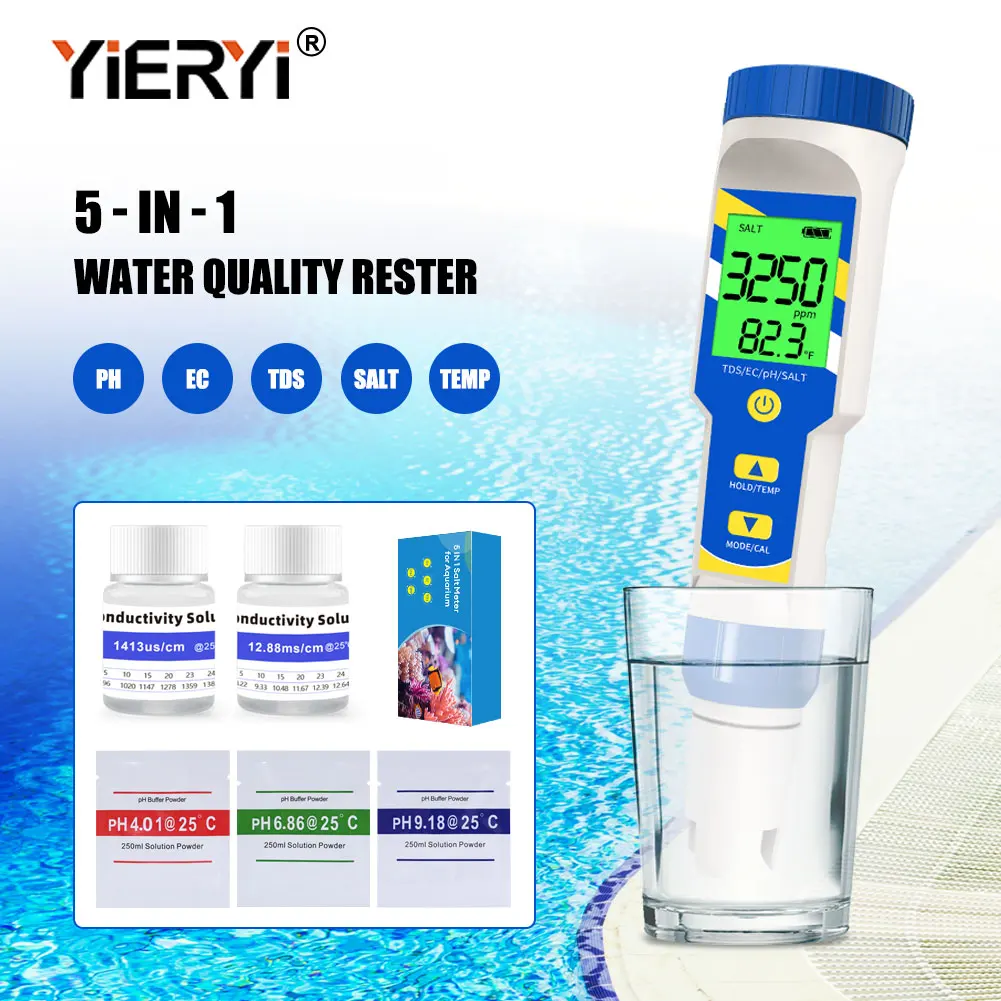 Yieryi 5 in 1 Salinity Meter Digital PH TDS EC Salt TEMP Monitor Tester  for Swimming Pool Aquariums Water Quality Detector