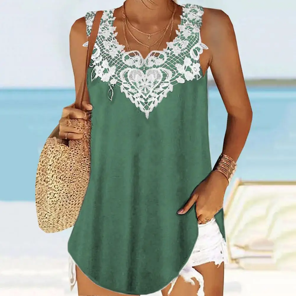 

V-neck Lace Flower Women Vest Tops Sleeveless Loose Fit Summer Solid Color Lace Stitching Camisole Tank Top Blouse Shirt