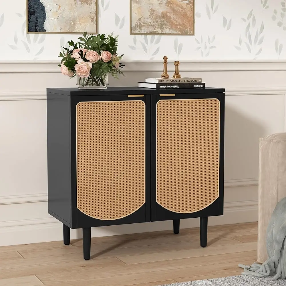 Rattan Accent Cabinet With 2 Doors, Boho Sideboard Buffet Cabinet With Storage, Modern Bla Credenza With Shelf For Kitchen,