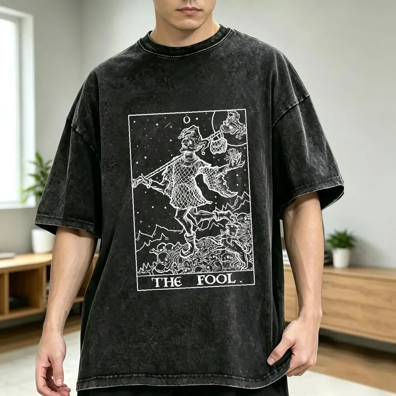 washed T Shirt The Fool Tarot Card Court Jester Halloween Men Gothic Goth Women Spooky Creepy for Horror long or short sleeves