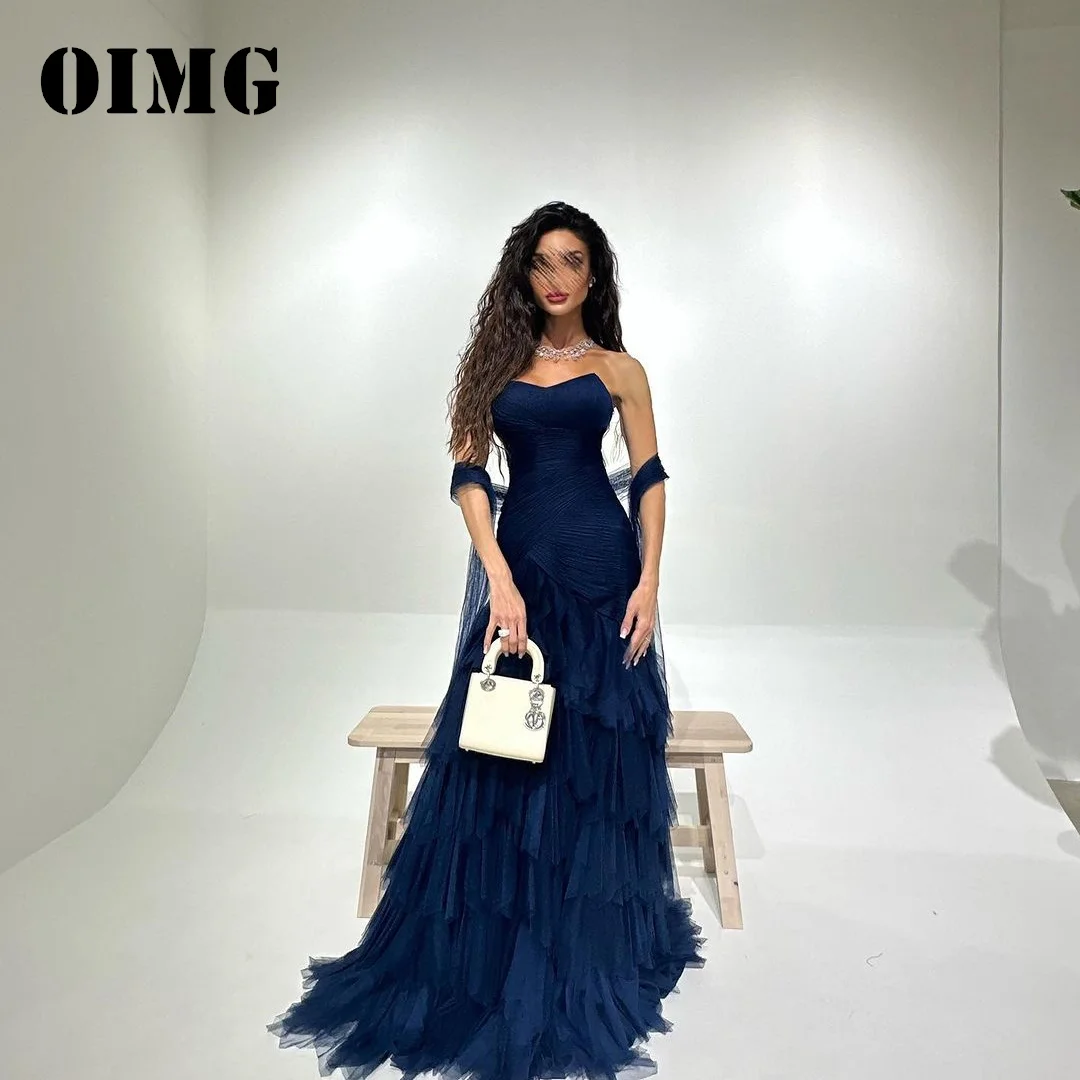 

OIMG Strapless A-Line Prom Dresses Blue Layered Vintage Tulle Saudi Arabic Women Evening Gowns Occasion Formal Party Dress